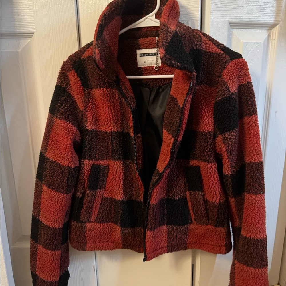 Noisy may Plaid Teddy Jacket in Red and Black